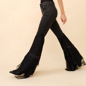 Mid Rise Lace Tiered Flare Denim Jeans